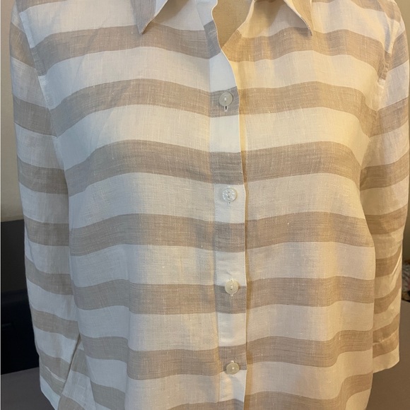 Chicos Linen NoIron Tan White Button Down Preppy Coastal Top Size 1.5 3/4 sleeve - Picture 5 of 5